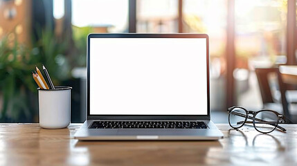 Close up of blank white screen laptop on table in modern office interior with creative station and cup, coffee mug, glasses and pencil pot at working desk with blurred background. Mockup for design.