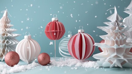 Christmas ornaments made of paper with stands and snow on a blue backdrop