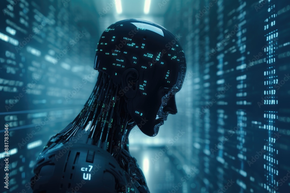 Poster male robot in digital world on binary code background