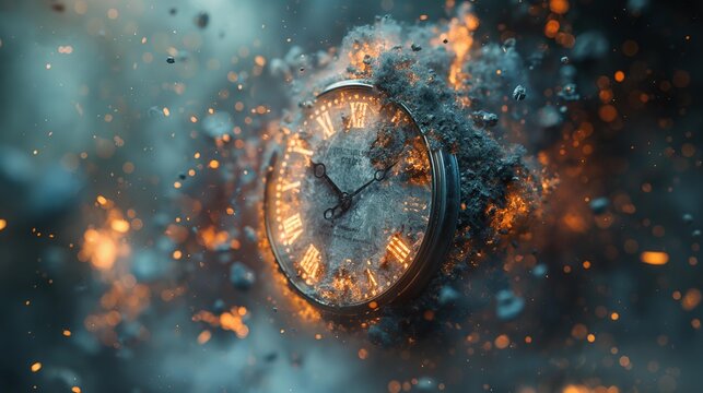 Stunning Explosion of Time Concept with Glowing Clock and Flying Debris