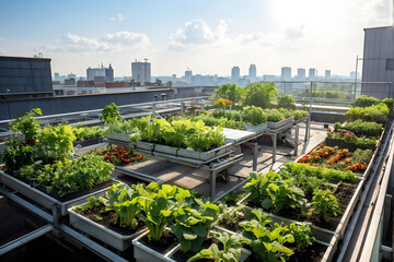 Fototapeta premium Rooftop garden, Rooftop vegetable garden, Growing vegetables on the rooftop of the building, Agriculture in urban on the rooftop of the building 