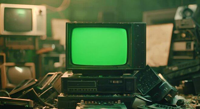 A nostalgic scene of stacked vintage televisions and electronic devices, with a prominent green screen display, capturing the essence of retro technology