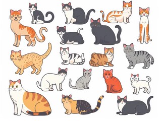 Obraz premium Cute doodle set of various cartoon cats in different poses. Illustration.
