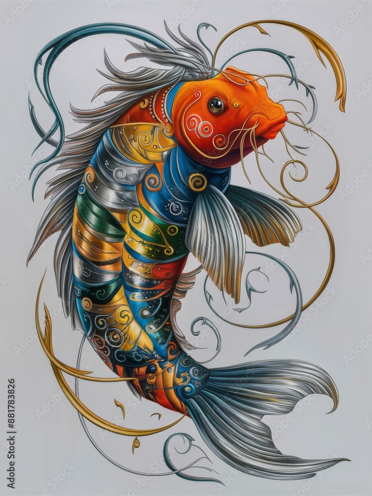 Poster a vibrant and intricately designed fish featuring swirling patterns in dynamic colors, showcased aga