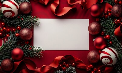 White paper sheet with Christmas decorations on red background. Greetings design and Merry Christmas concept. Flat lay with place for text for note, banner, invitation, card
