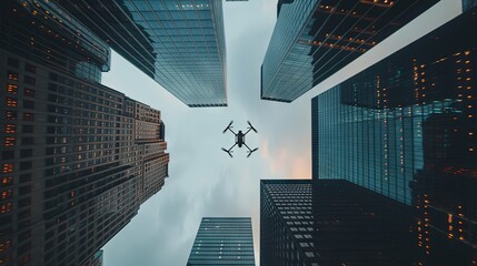 Bottom view, aerial shot of a drone flying between skyscrapers in an urban metropolis
