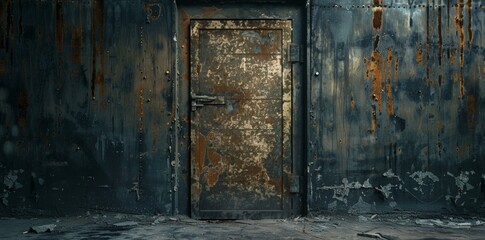 An old rustic metal door set within a dark, abandoned building, evoking a sense of mystery and abandonment in an urban environment.