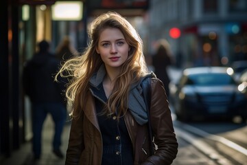 Obraz premium A woman wearing a brown jacket and scarf stands on a city street