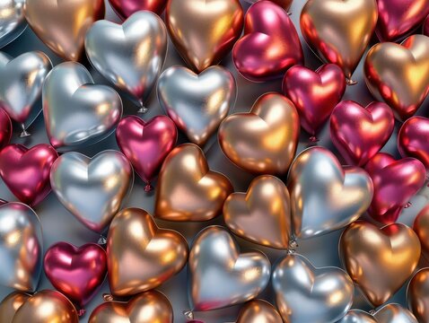 A vibrant collection of heart-shaped balloons in gold, silver, and red colors, capturing a festive and romantic atmosphere.