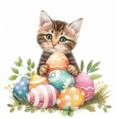 Adorable kitten playing with colorful Easter eggs, surrounded by spring leaves. Perfect for holiday and cute animal themes.