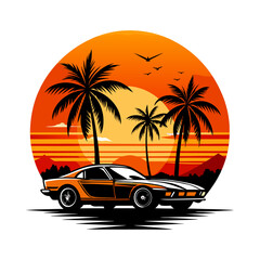 Vintage Retro Sunset with Palm Trees and Super Sports Car Vector Illustration