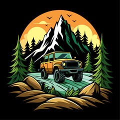 Off-Road Adventure Car in Rugged Mountain Terrain with River and Pine Trees - Vector Illustration