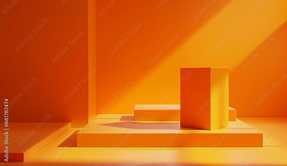 Poster 3d rendering of orange background with two square podiums on the right side. mockup for product pres