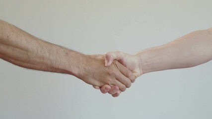 Welcome gesture. Strong male friendly handshake with bare hands on a white background