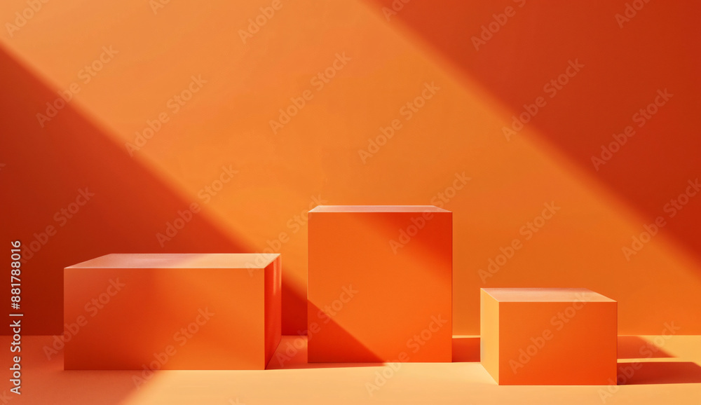 Aufkleber 3d rendering of orange background with two square podiums on the right side. mockup for product pres