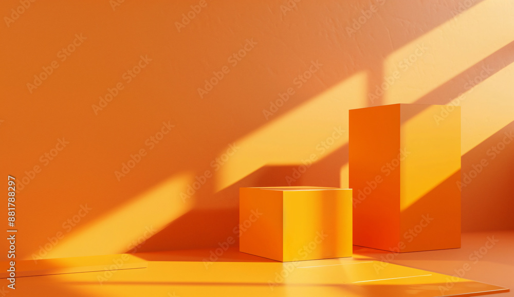 Poster 3d rendering of orange background with two square podiums on the right side. mockup for product pres