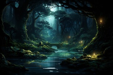 Enchanted Forest River with Glowing Lights