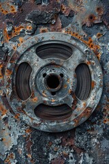 An old film reel sits atop a rusty metal surface, ready for use or storage