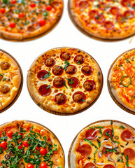 Variety of Tasty Pizzas with Different Toppings on Wooden Boards Under Bright Lighting