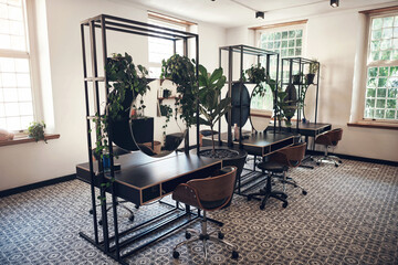 Interior, hair salon and design for small business with furniture, mirror and cleaning service for luxury wellness. Store, reflection and startup with tools, equipment and treatment for barber care