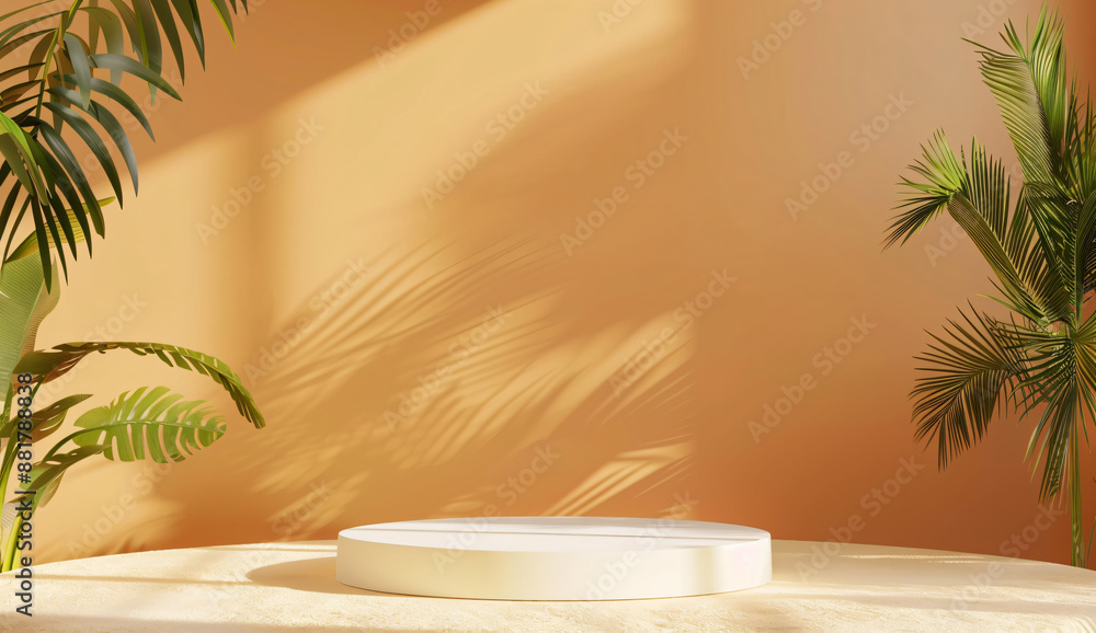 Poster 3d rendering of orange background with two square podiums on the right side. mockup for product pres