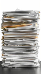 Huge Stack of Office Documents and Papers on Dark Desk, Overwhelming Workload Concept During Busy Business Day, White Background, Cluttered Workplace, Administrative, Employee Stress