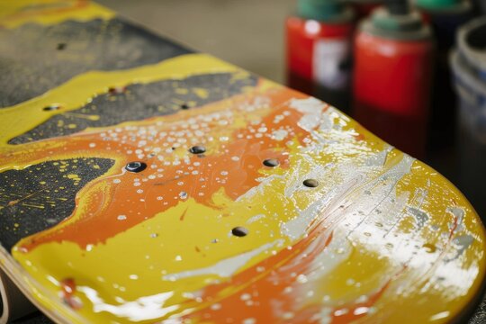 Skateboard close-up Spray paint, skateboard in work shop, no people