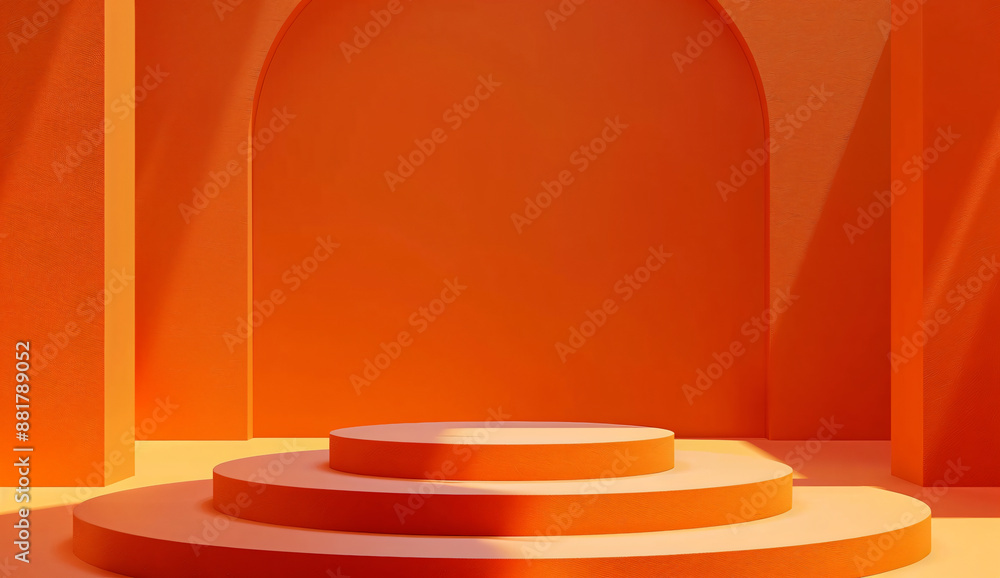 Poster 3d rendering of orange background with two square podiums on the right side. mockup for product pres