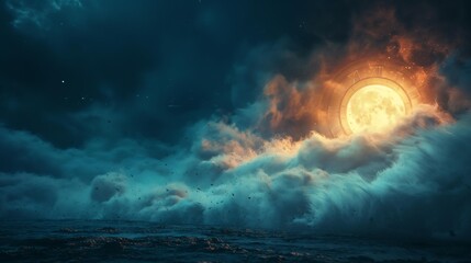 Mystical orange full moon rising from dark stormy sea clouds at night