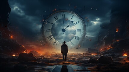 Lonely man standing in front of a giant clock surrounded by a dark and stormy atmosphere