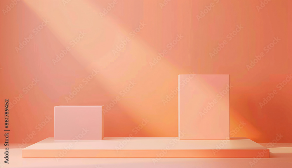 Poster 3d rendering of orange background with two square podiums on the right side. mockup for product pres