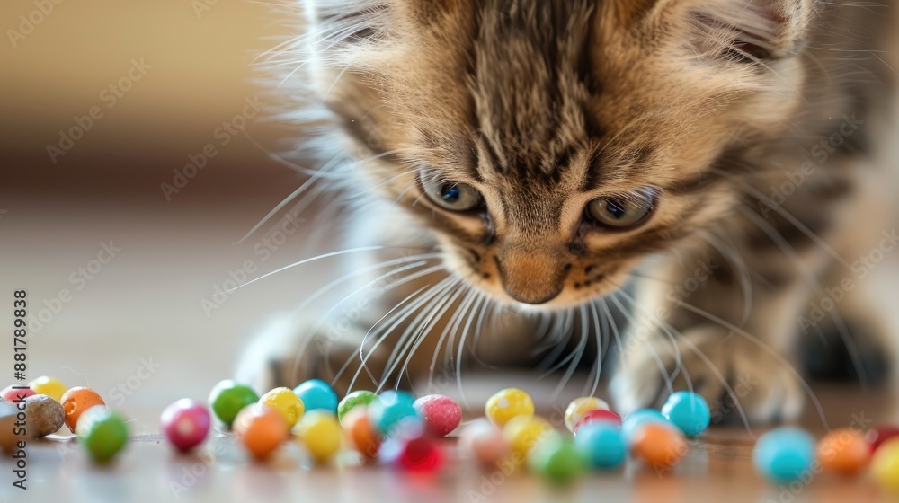 Canvas Prints Curious kitten observes colorful round candies