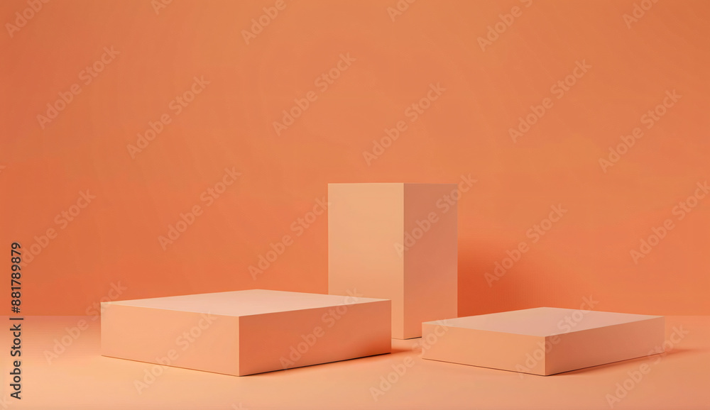 Poster 3d rendering of orange background with two square podiums on the right side. mockup for product pres