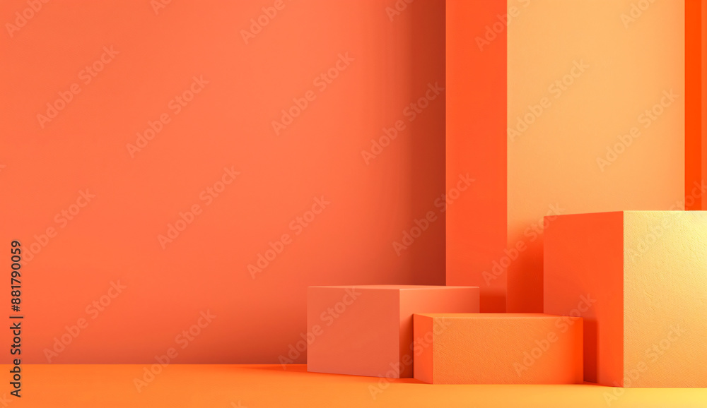 Poster 3d rendering of orange background with two square podiums on the right side. mockup for product pres