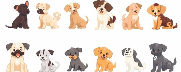 Playful doodle set of cartoon dogs and puppies in various poses. Illustration.