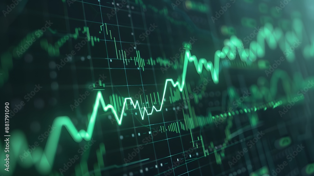 Poster a close-up view of a digital stock market display showing green line graphs indicating financial gro