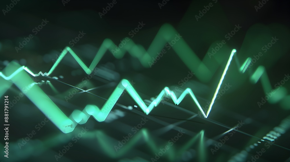 Poster a dynamic green line graph representing financial data and trends in the stock market, showcasing up