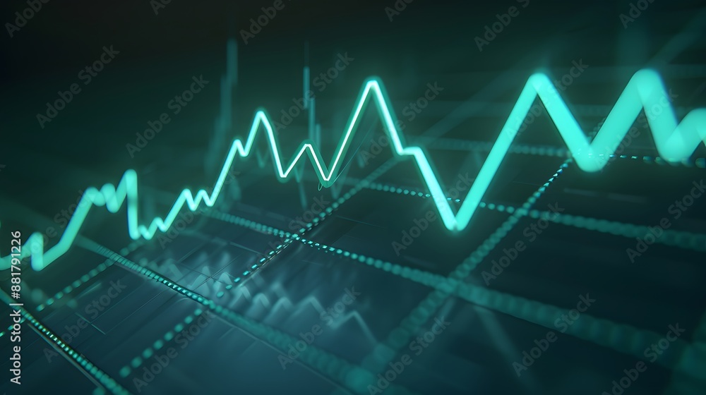 Poster a digital representation of a financial graph showing fluctuating market trends with glowing teal li