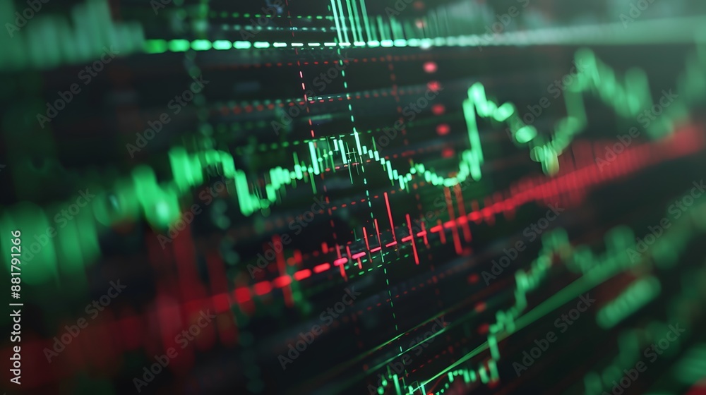 Poster a dynamic stock market graph showing fluctuating data in green and red lines, representing financial