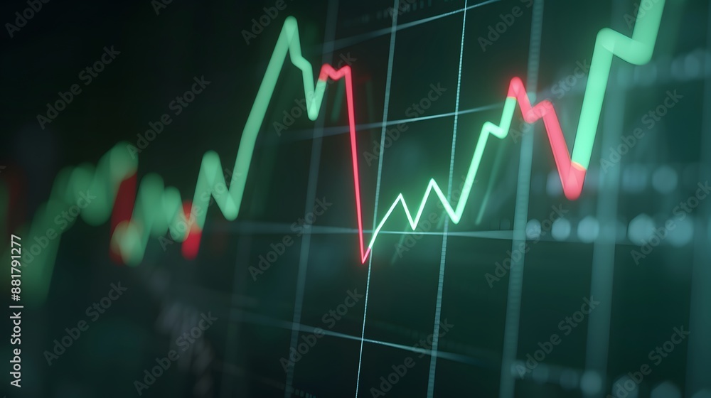 Poster a financial stock market chart with dynamic red and green lines showing market trends and fluctuatio