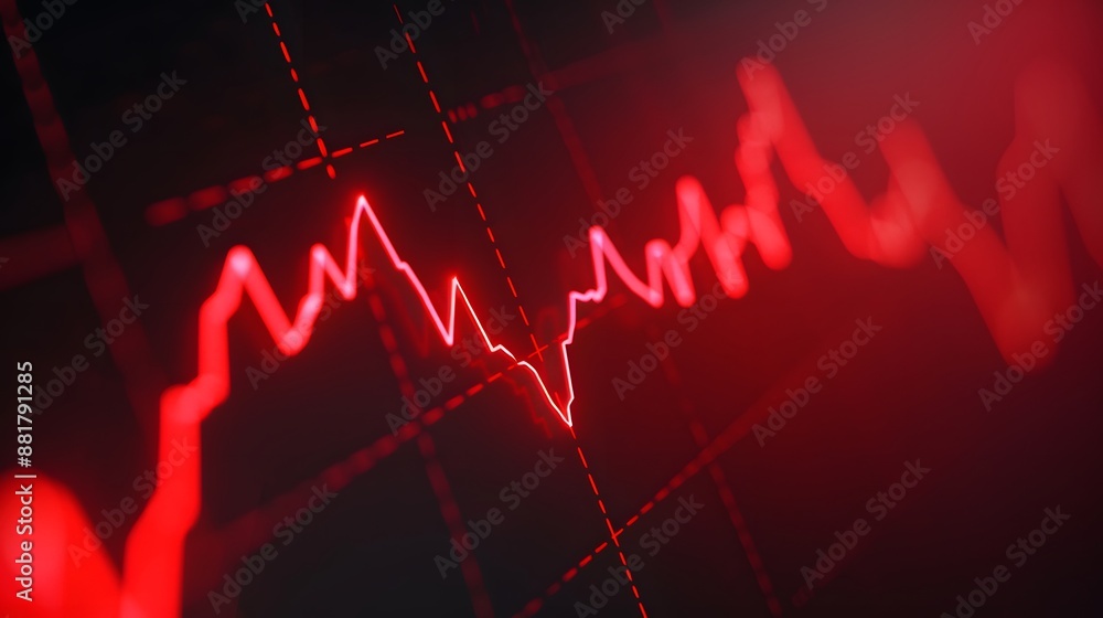 Poster a fluctuating red graph line representing a drop in the stock market or economic decline on a dark b