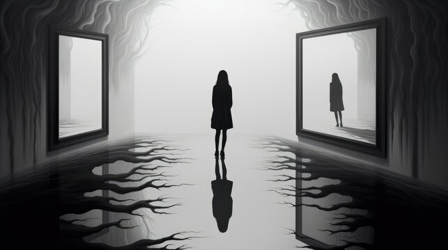 woman sees a strange reflection in the mirror illustration