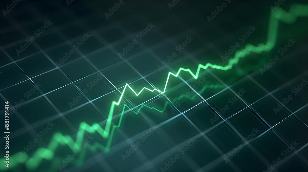Poster a green line graph showing growth and progress on a digital grid background, representing financial 
