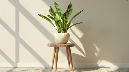 
3D rendering of a wooden side table with potted plants and a snake plant in a white pot on a light beige wall background. A minimal home interior design of a modern living room