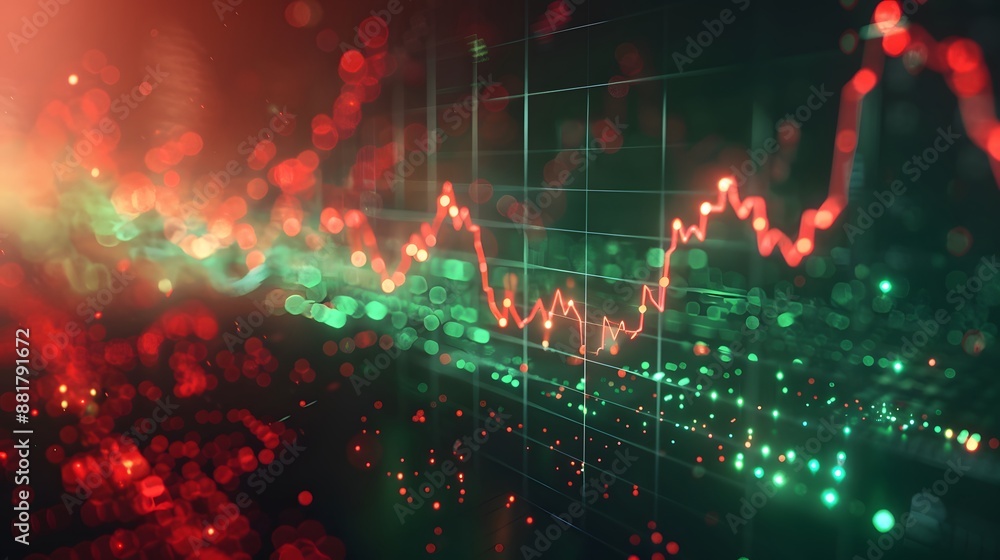 Poster abstract digital financial chart with glowing red and green candlestick data visualization for stock