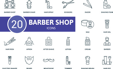 Barber Shop thin line icon set. Barber Shop, Barber Chair, Hair Spray, Scissors, Razor, Shaving Foam, Wax, Hair Gel, Hair Iron, Apron icons and more