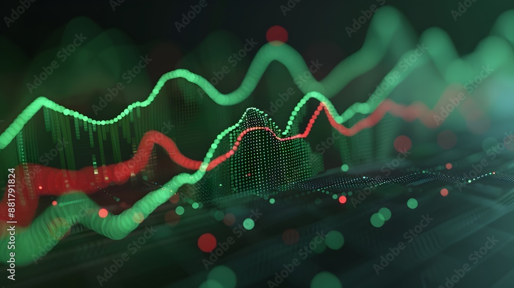 Poster abstract digital green and red wave patterns representing financial market data and stock market ana