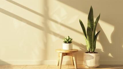 Fototapeta premium 3D rendering of a wooden side table with potted plants and a snake plant in a white pot on a light beige wall background. A minimal home interior design of a modern living room
