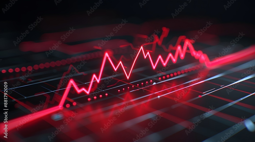 Poster abstract digital red graph displaying a stock market trend with a futuristic design on a dark backgr