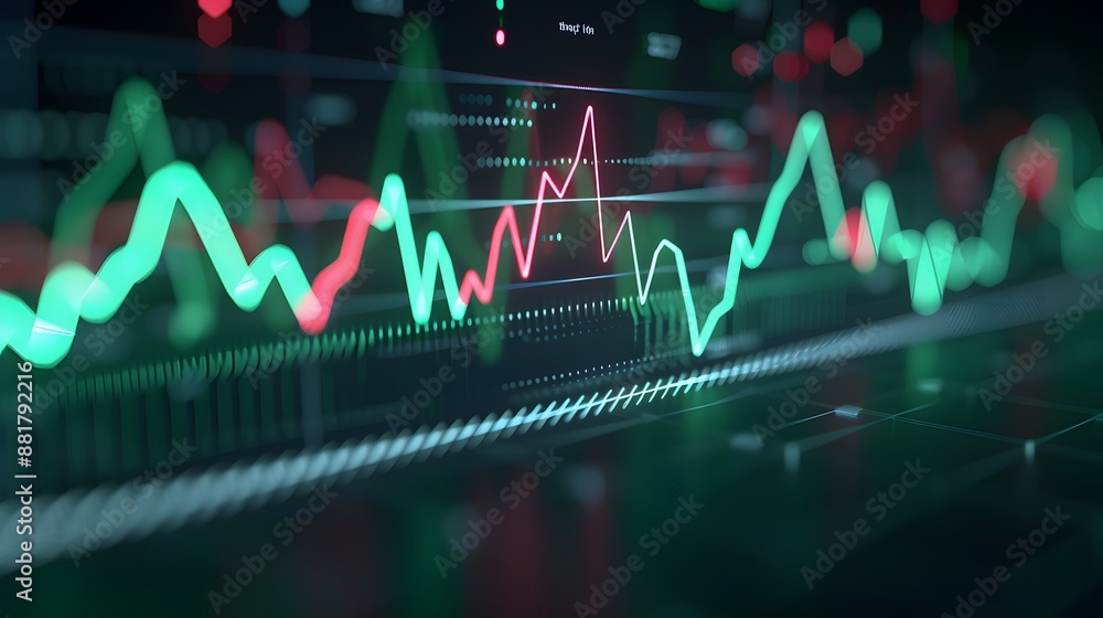 Poster abstract financial chart with stock market data and graph, showing rising green and falling red line
